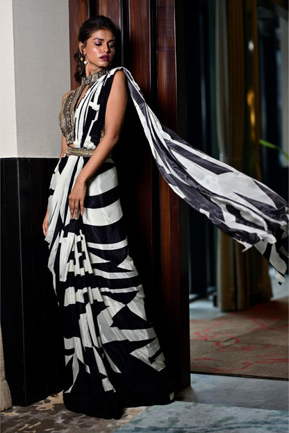 Designer Wear Black & White Pre-draped Saree Set - Simaaya