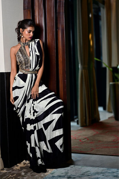 Designer Wear Black & White Pre-draped Saree Set - Simaaya