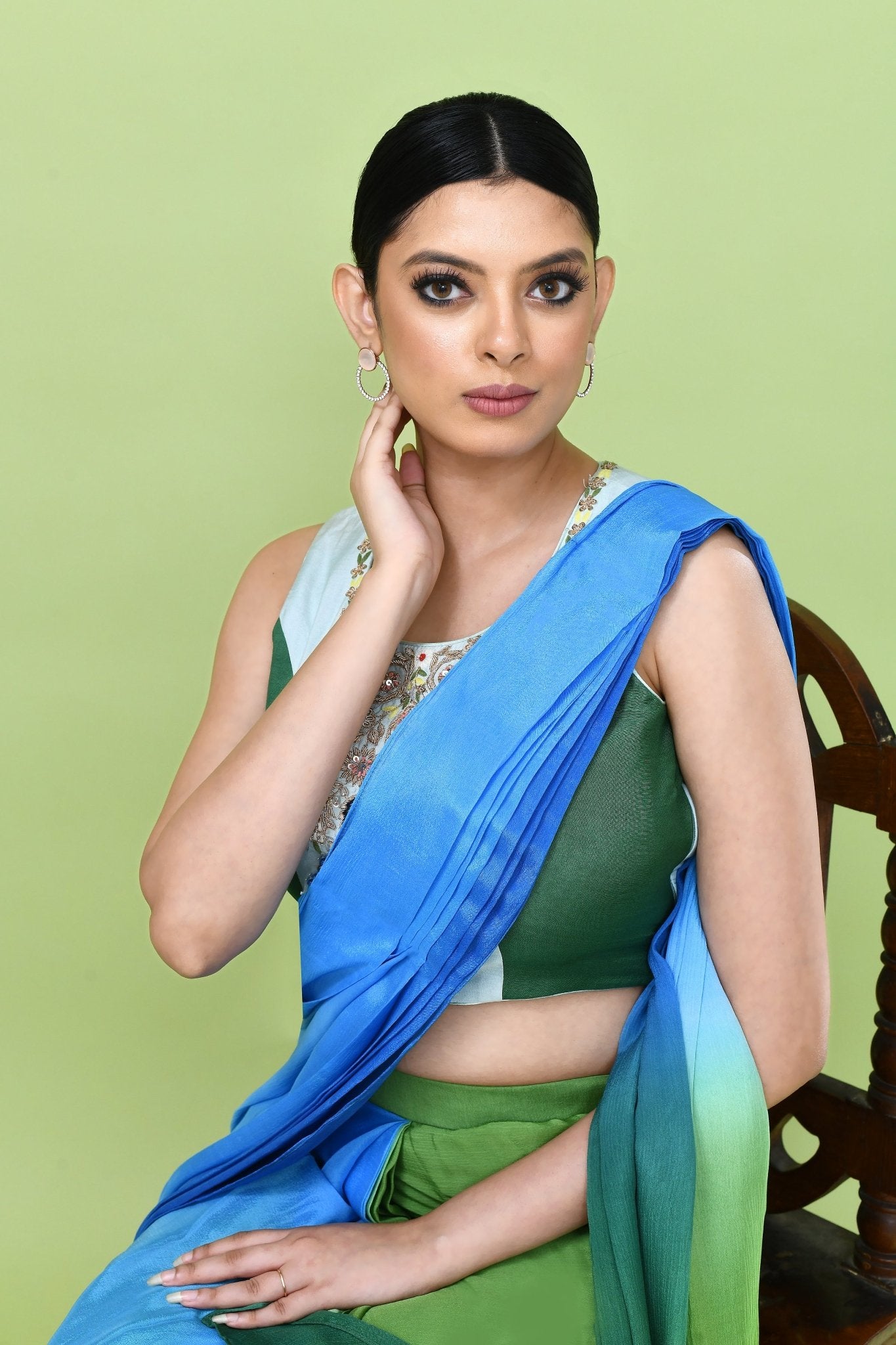 Designer Wear Blue and Green Chinon Chiffon Drape Saree - Simaaya