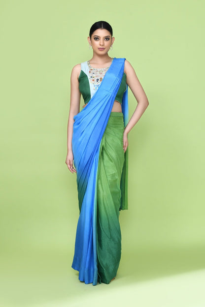 Designer Wear Blue and Green Chinon Chiffon Drape Saree - Simaaya