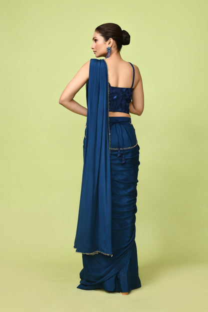 Designer Wear Blue Chinon Chiffon Drape Saree - Simaaya