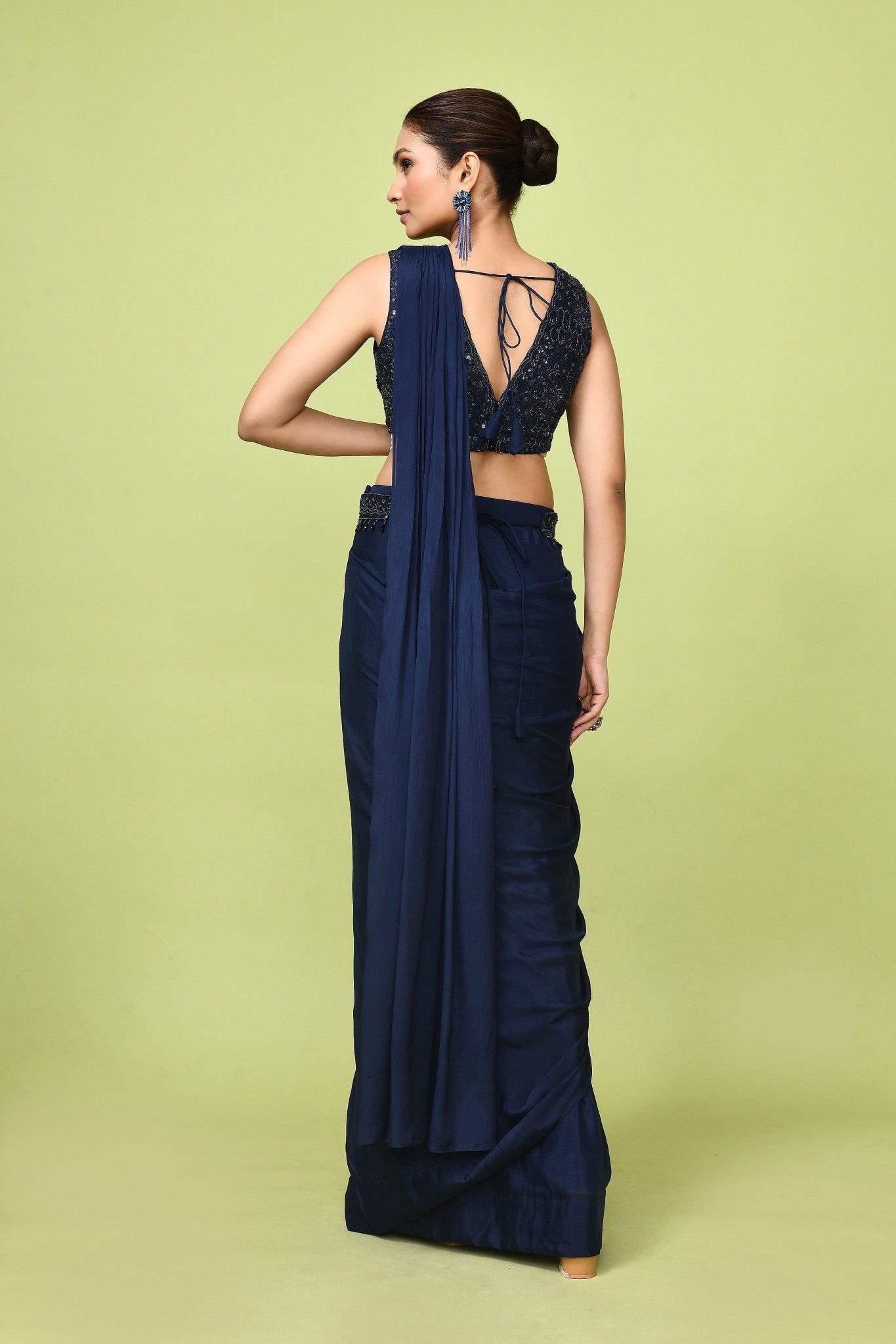 Designer Wear Blue Chinon Chiffon Drape Saree - Simaaya