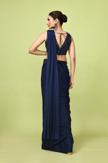 Designer Wear Blue Chinon Chiffon Drape Saree - Simaaya