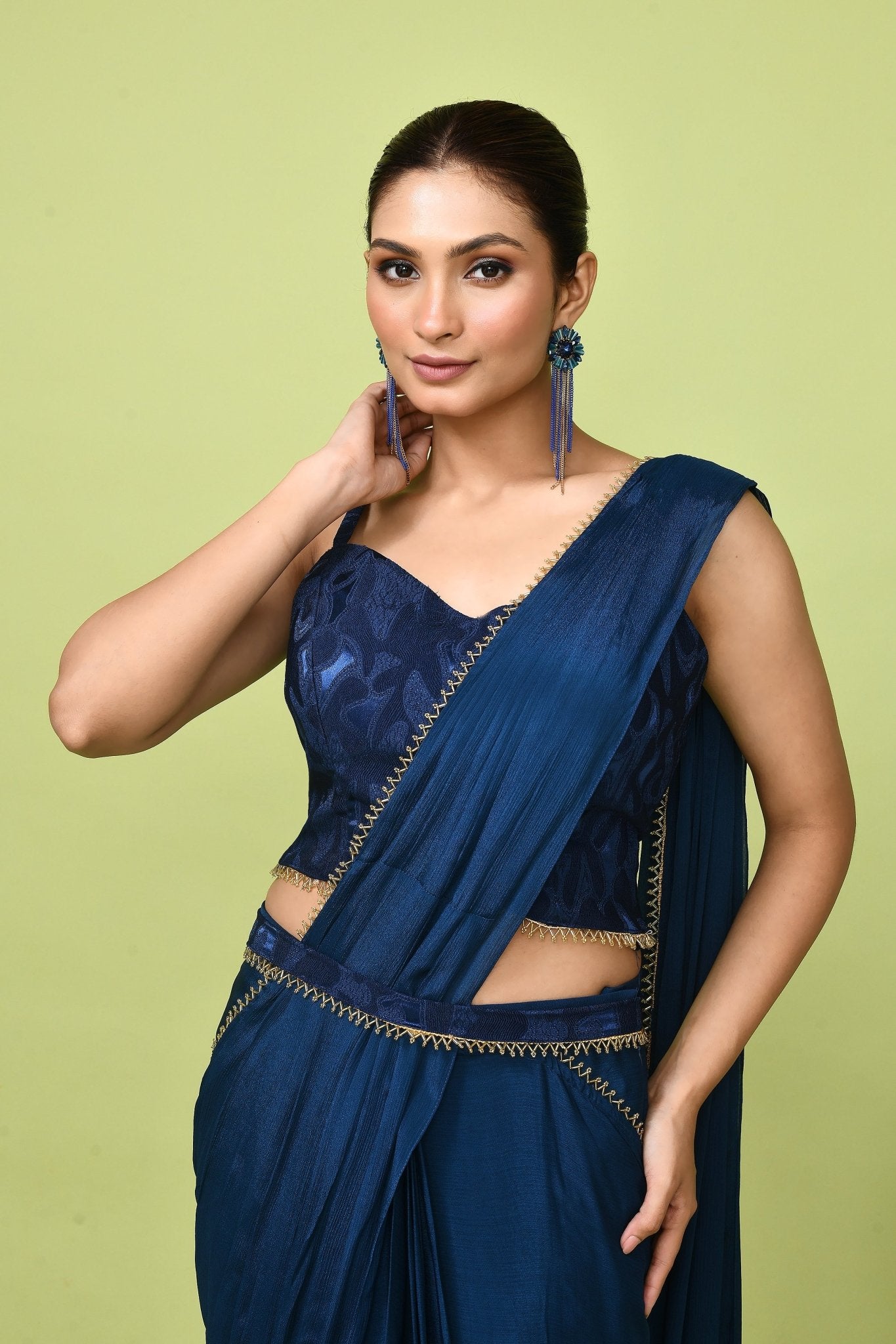 Designer Wear Blue Chinon Chiffon Drape Saree - Simaaya