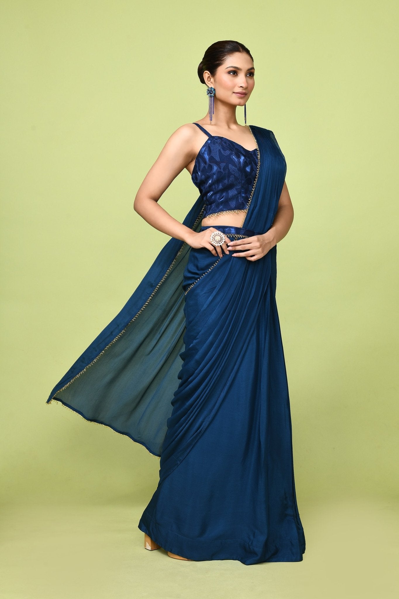 Designer Wear Blue Chinon Chiffon Drape Saree - Simaaya