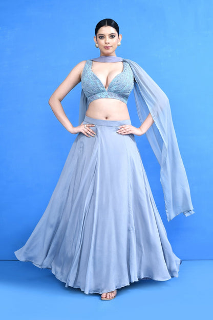 Designer Wear Blue Chinon Chiffon Lehenga Set - Simaaya