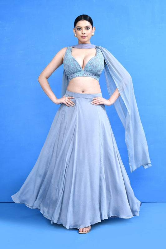 Designer Wear Blue Chinon Chiffon Lehenga Set - Simaaya
