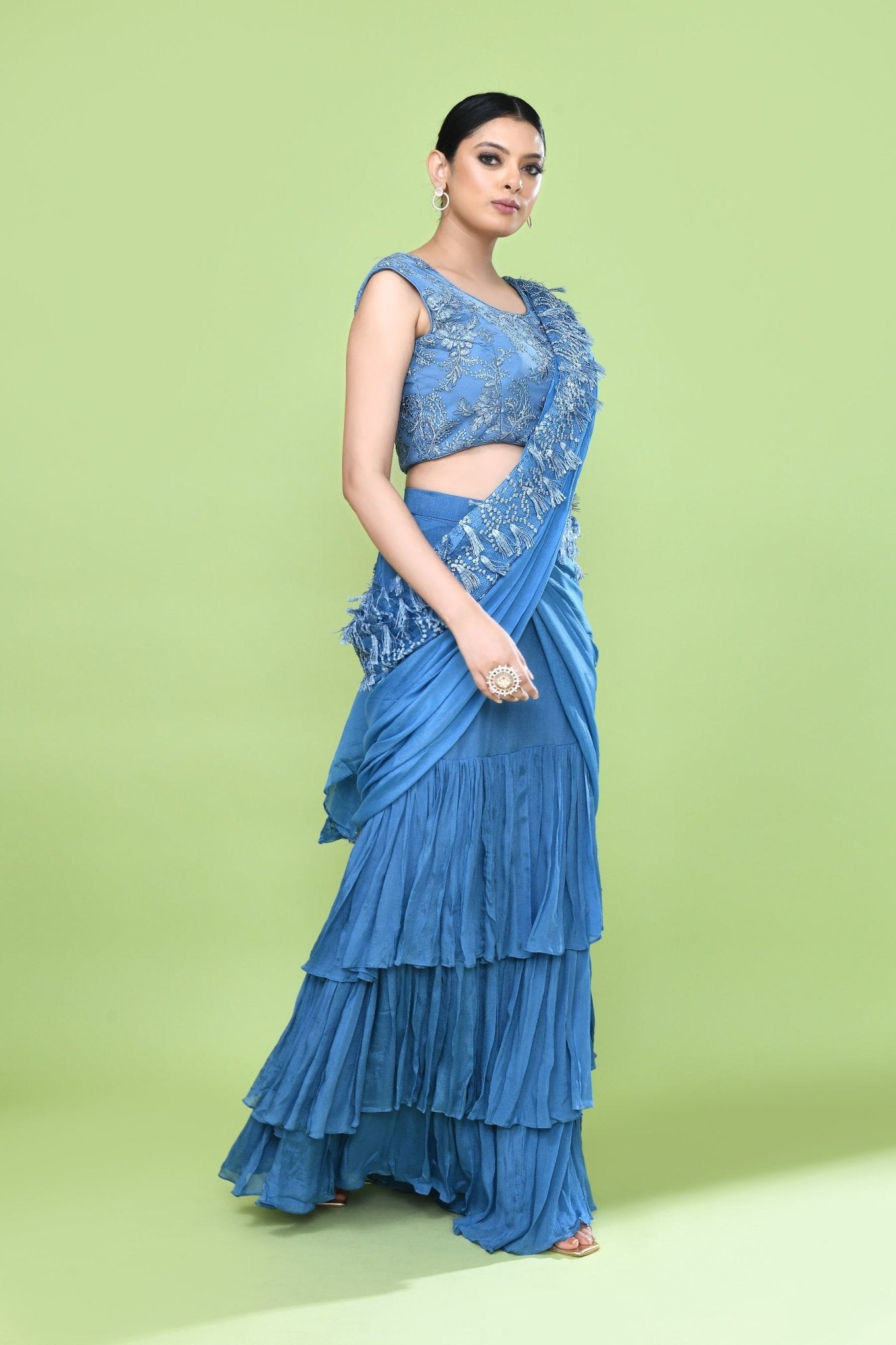 Designer Wear Blue Chinon Drape Saree - Simaaya
