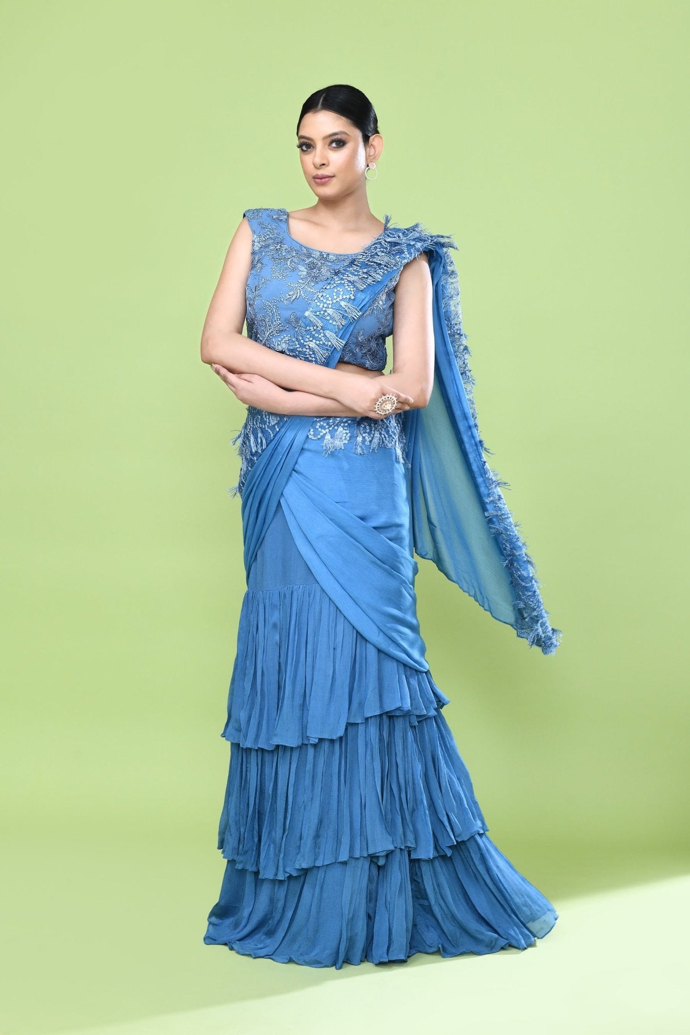 Designer Wear Blue Chinon Drape Saree - Simaaya