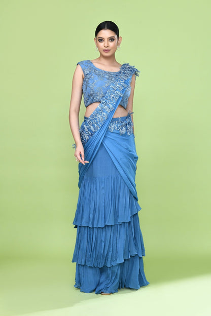 Designer Wear Blue Chinon Drape Saree - Simaaya