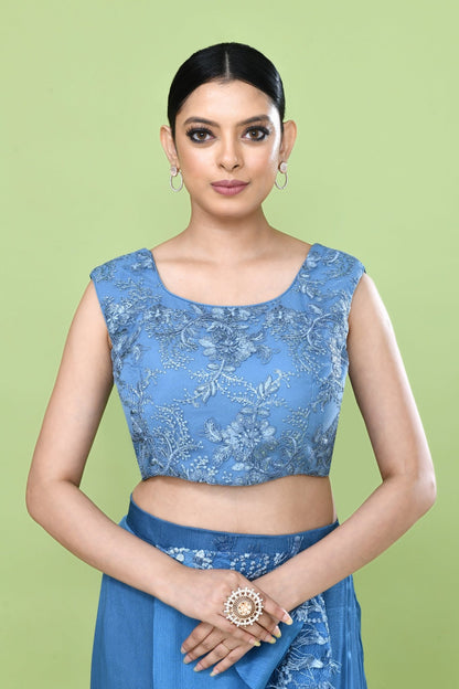 Designer Wear Blue Chinon Drape Saree - Simaaya