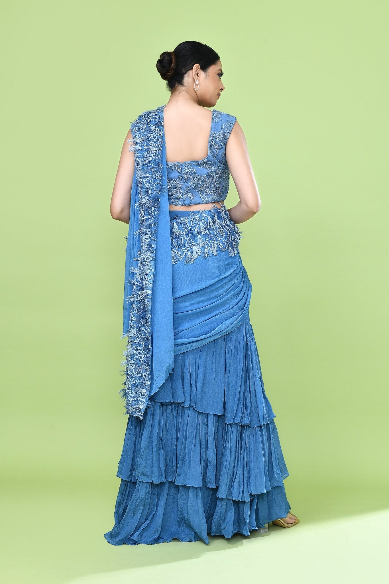 Designer Wear Blue Chinon Drape Saree - Simaaya