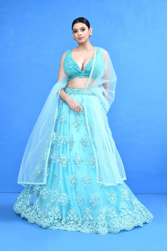 Designer Wear Blue Net Lehenga Set - Simaaya