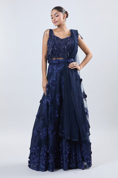 Designer Wear Blue Net Lehenga Set With Dupatta - Simaaya