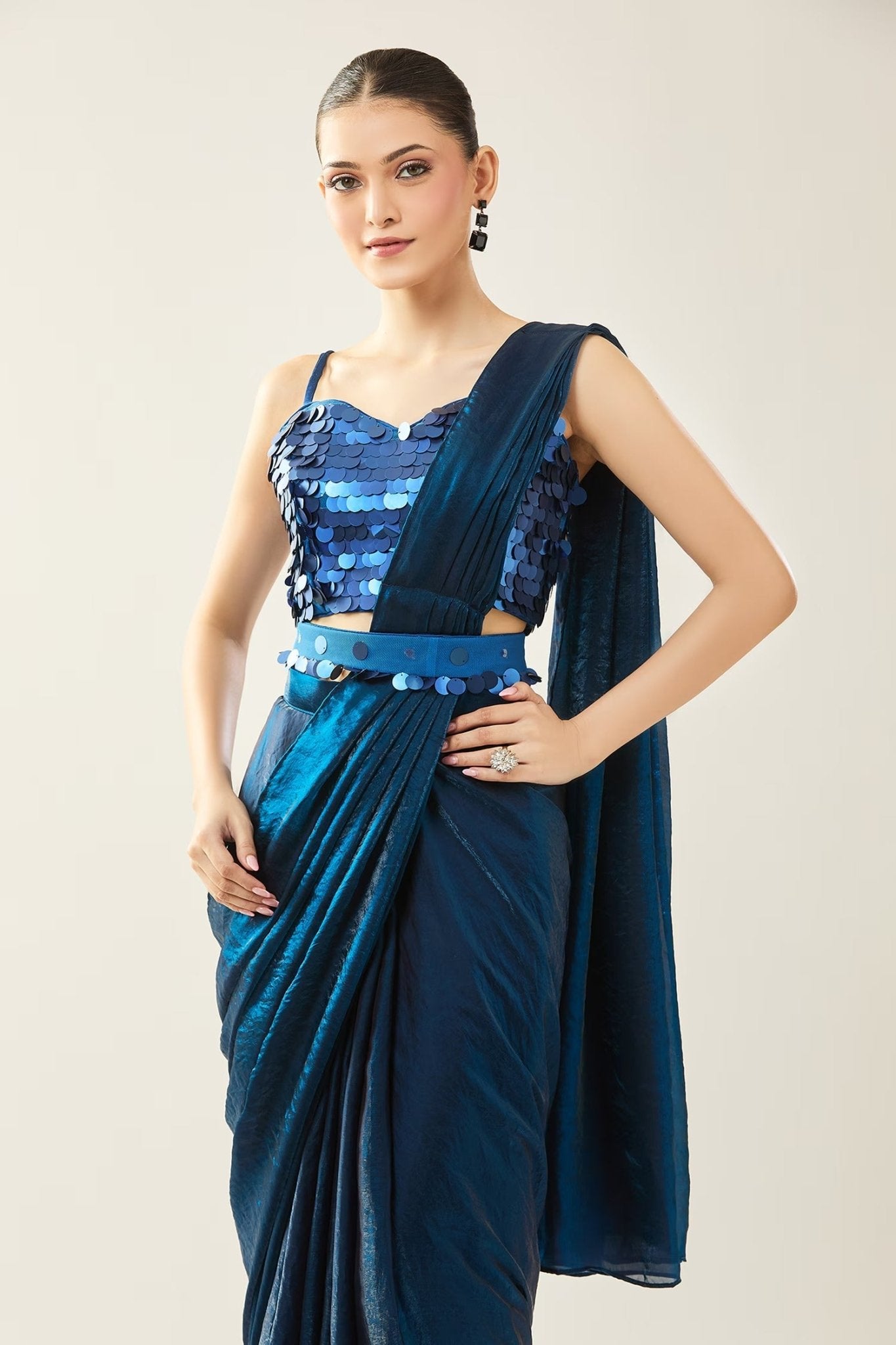 Designer Wear Blue Pre-Draped Saree Set - Simaaya