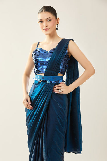 Designer Wear Blue Pre-Draped Saree Set - Simaaya
