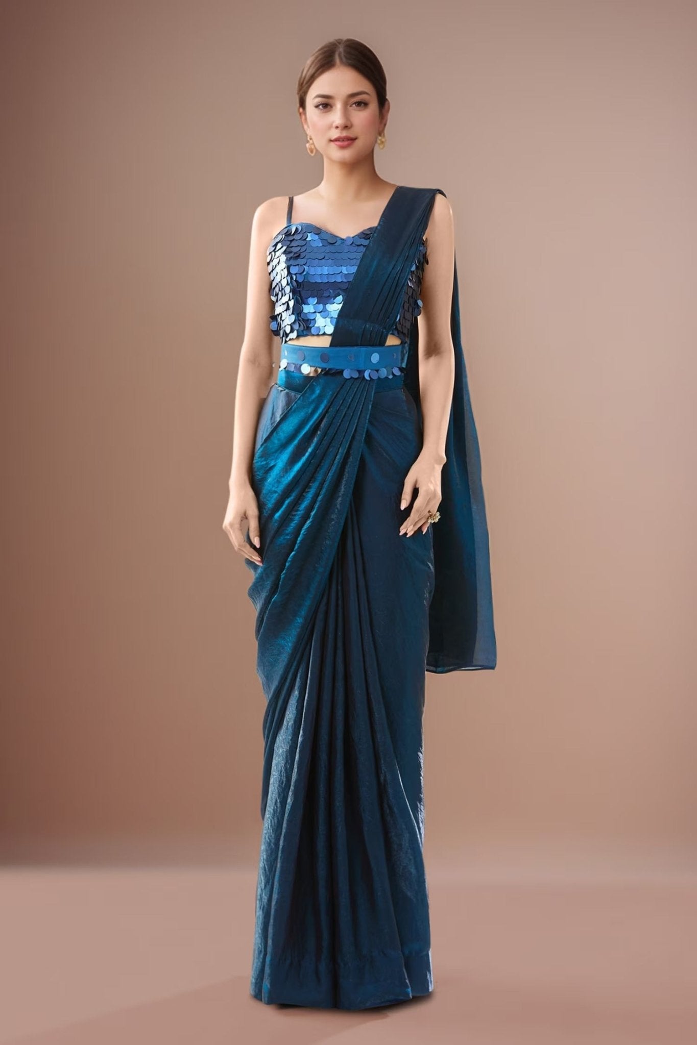 Designer Wear Blue Pre-Draped Saree Set - Simaaya