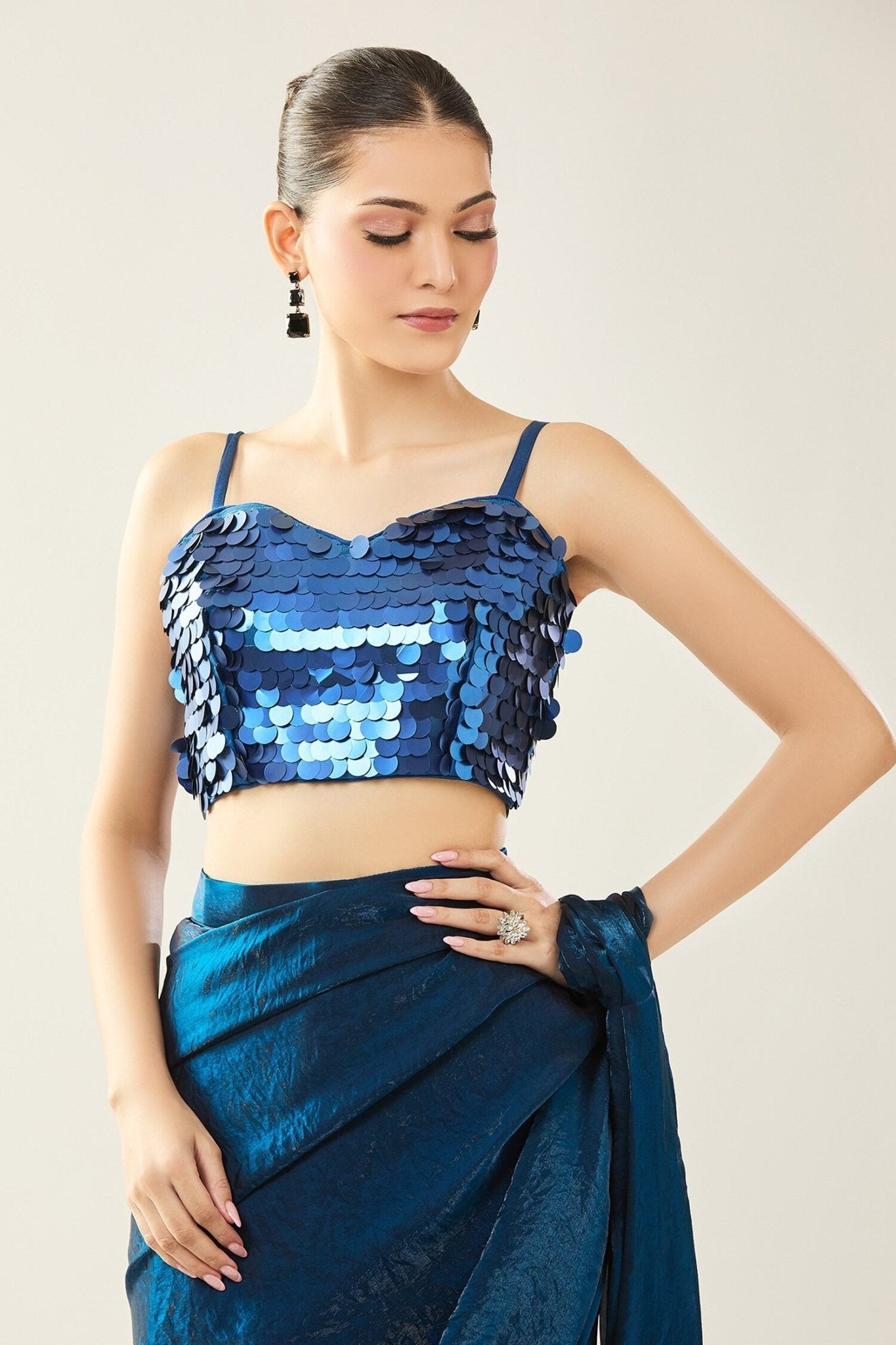 Designer Wear Blue Pre-Draped Saree Set - Simaaya