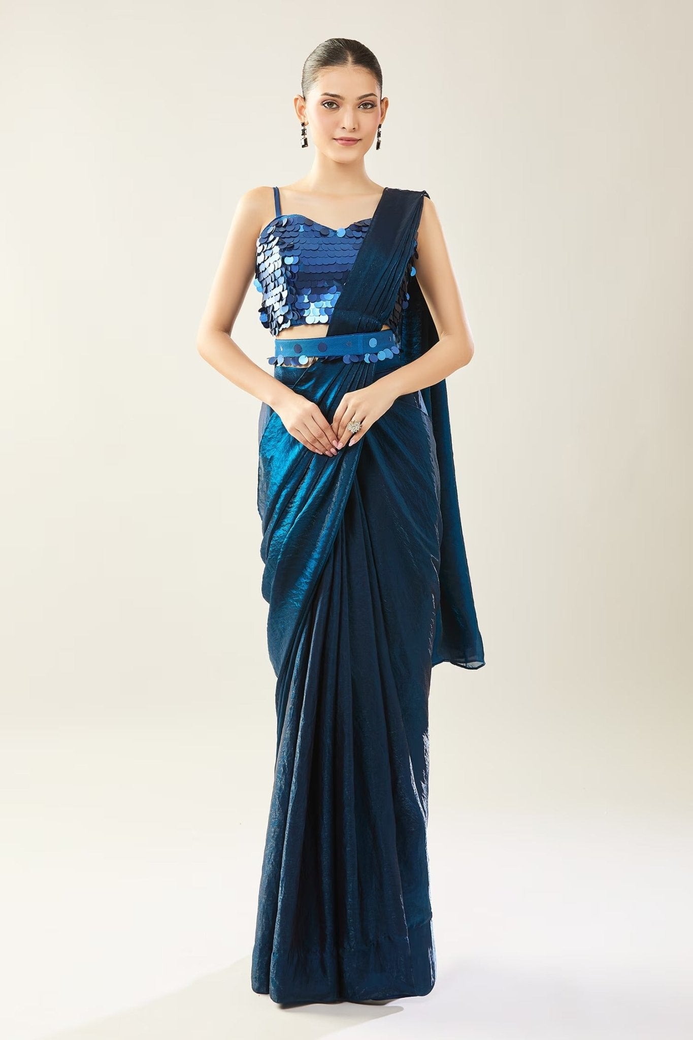 Designer Wear Blue Pre-Draped Saree Set - Simaaya