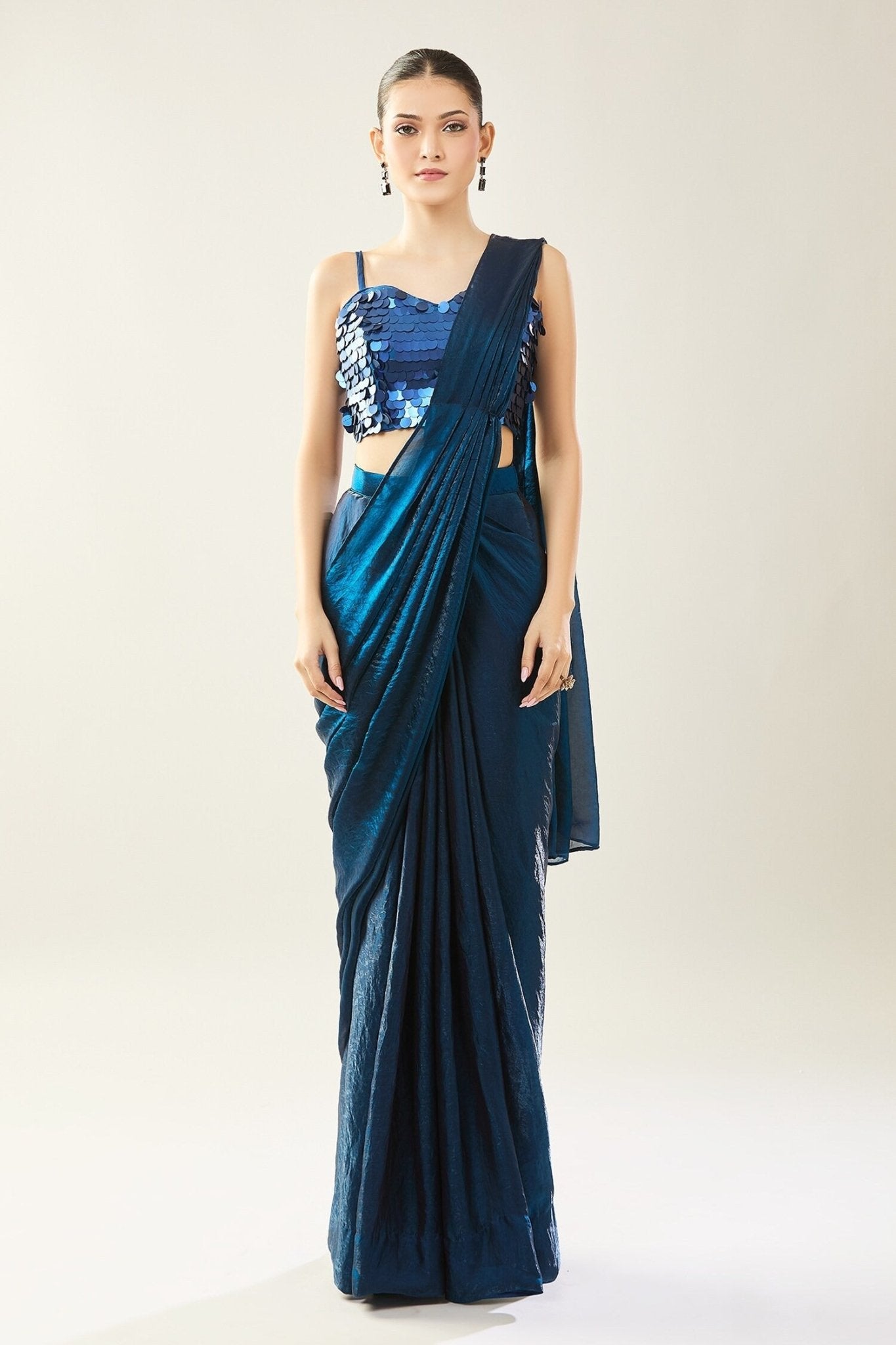 Designer Wear Blue Pre-Draped Saree Set - Simaaya