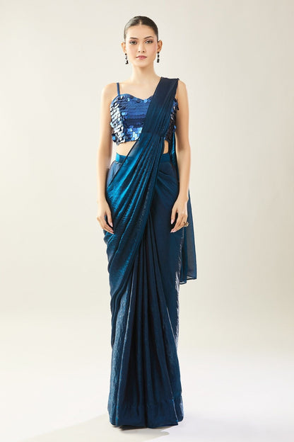Designer Wear Blue Pre-Draped Saree Set - Simaaya
