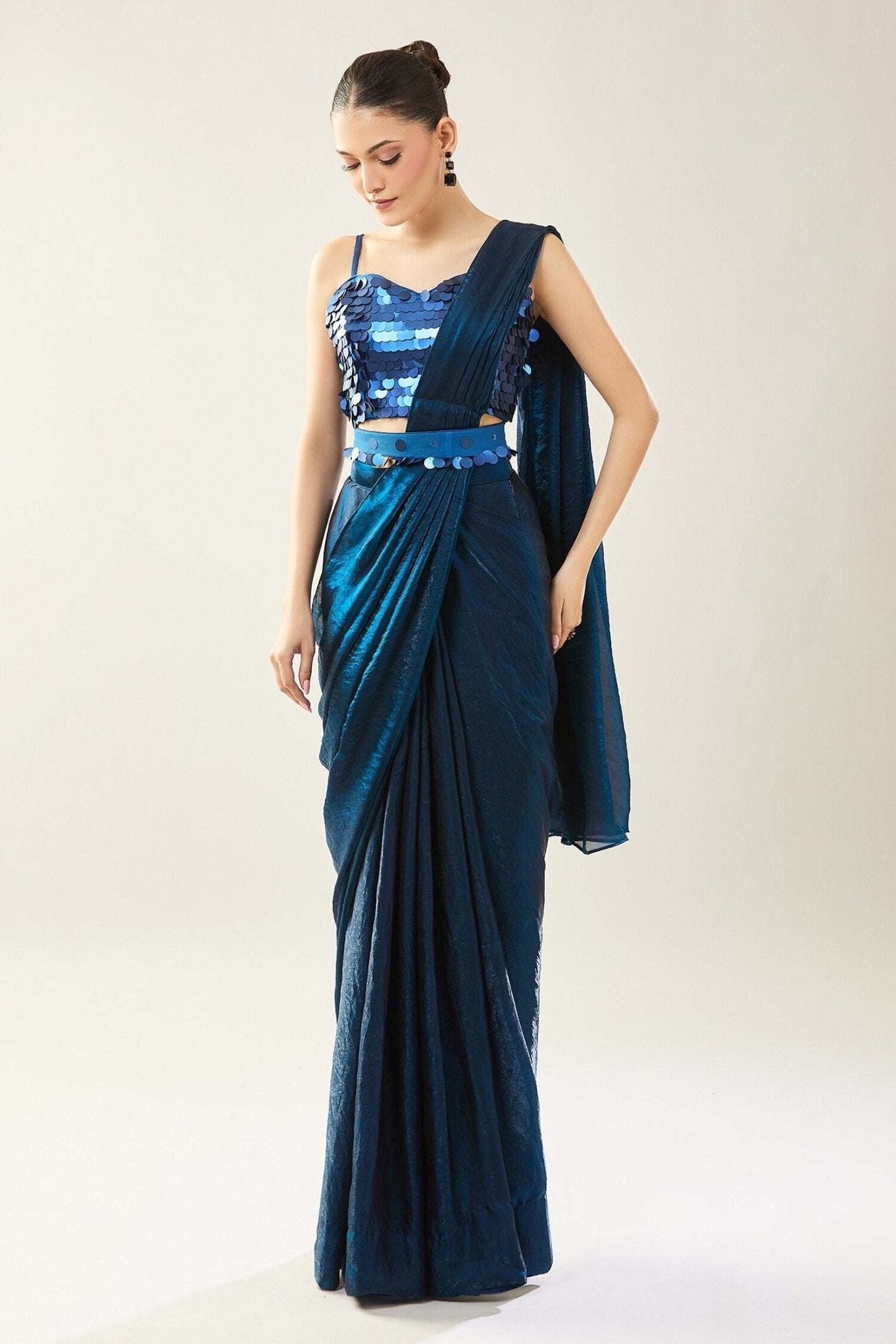 Designer Wear Blue Pre-Draped Saree Set - Simaaya