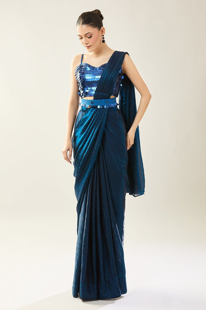 Designer Wear Blue Pre-Draped Saree Set - Simaaya