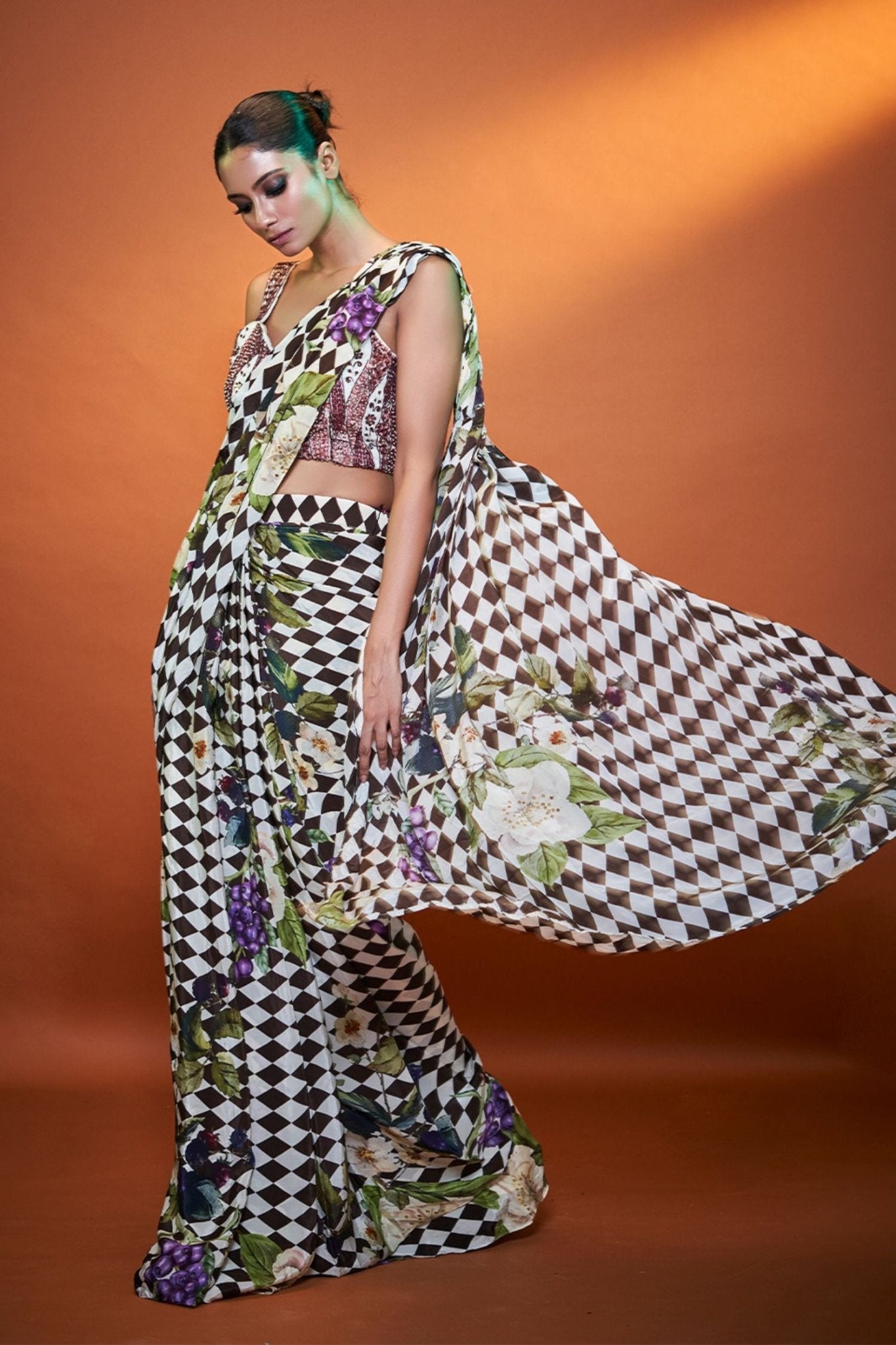 Designer Wear Bold Print Multicolor Crepe Drape Saree - Simaaya