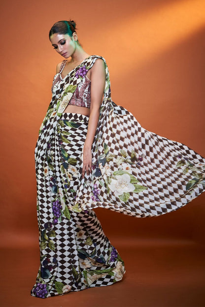 Designer Wear Bold Print Multicolor Crepe Drape Saree - Simaaya