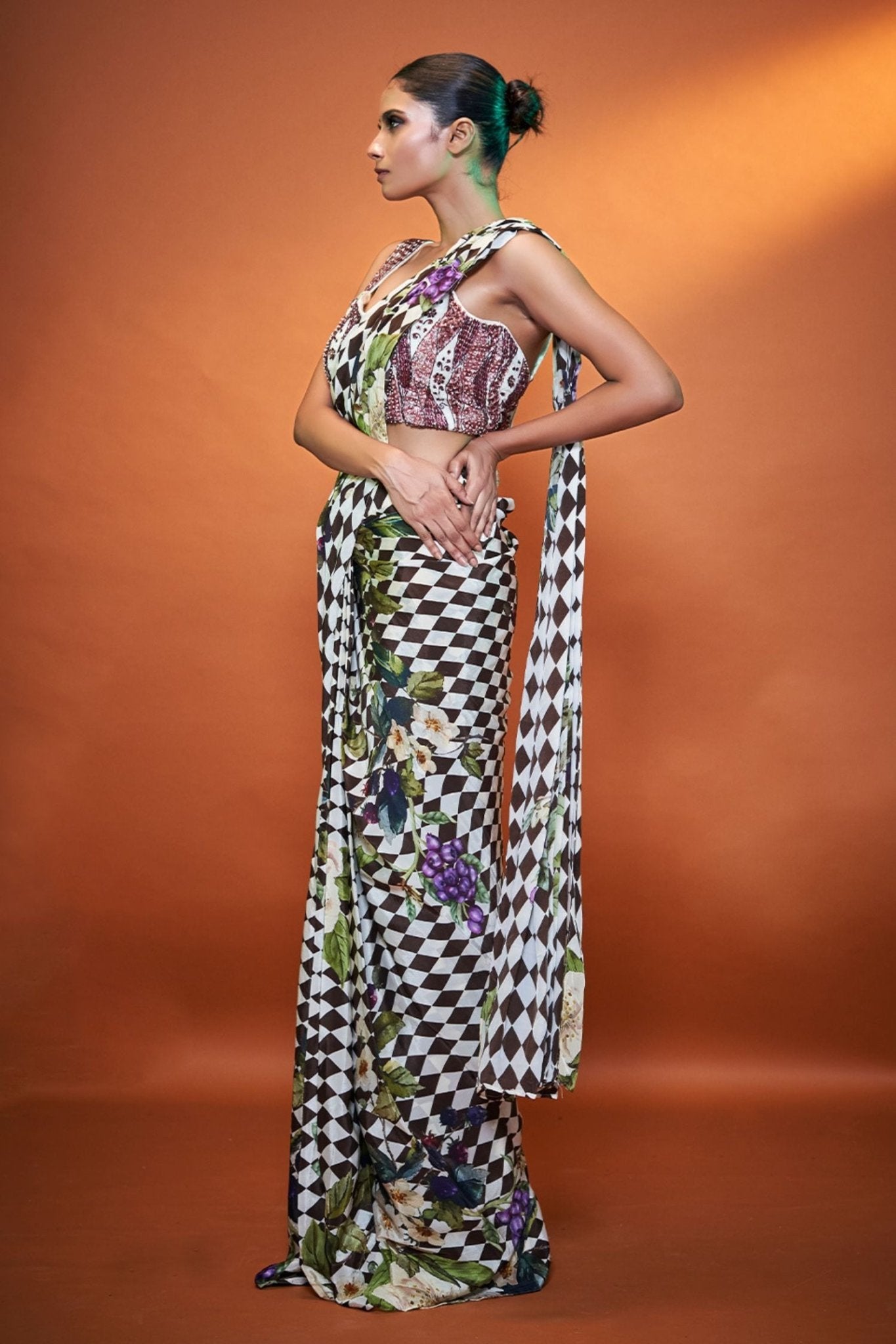 Designer Wear Bold Print Multicolor Crepe Drape Saree - Simaaya