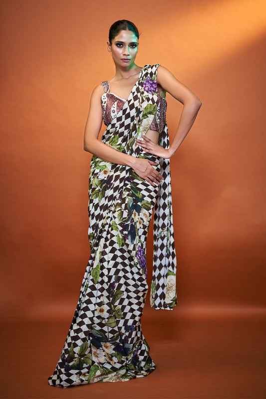 Designer Wear Bold Print Multicolor Crepe Drape Saree - Simaaya