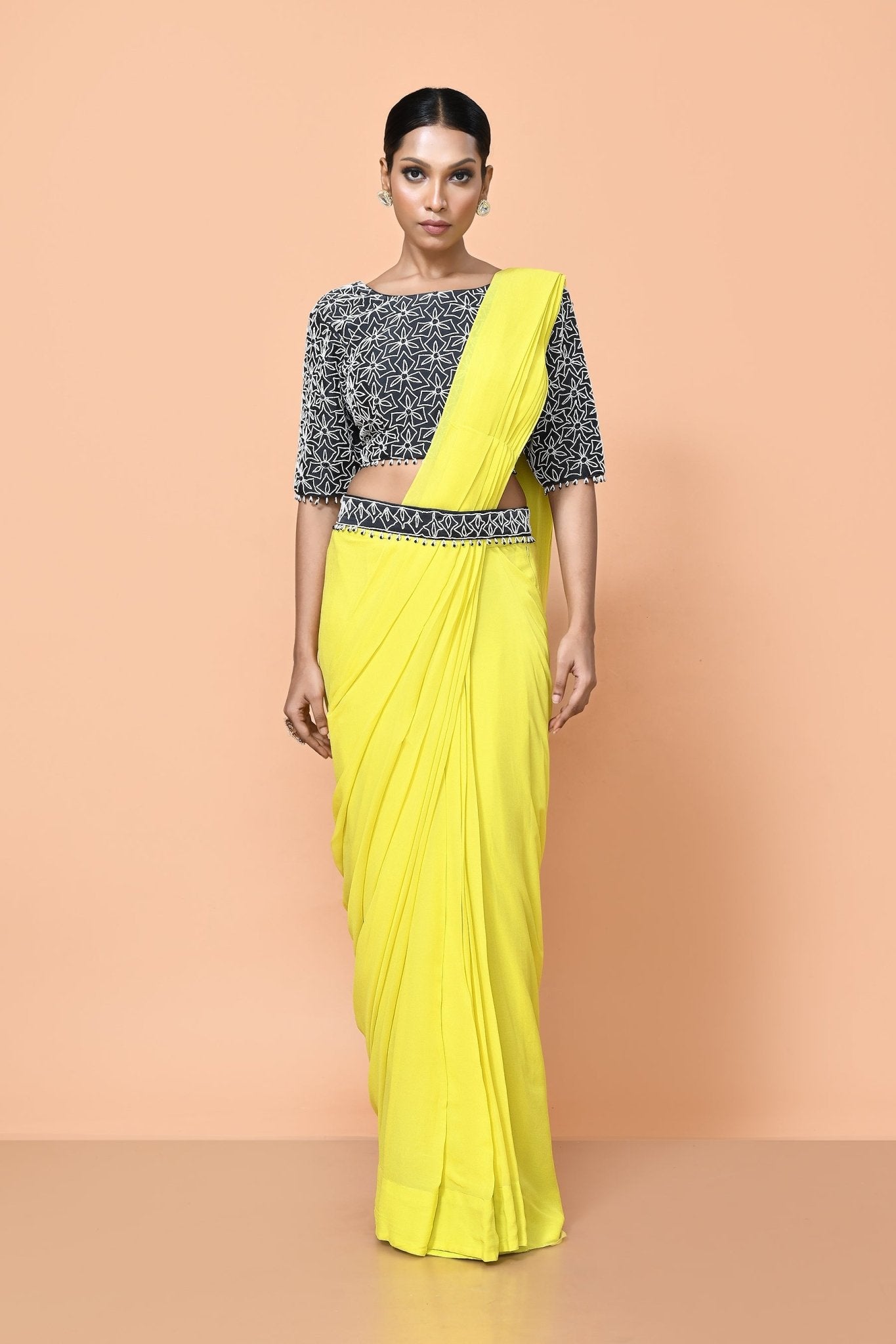 Designer Wear Bright Yellow Georgette Drape Saree - Simaaya