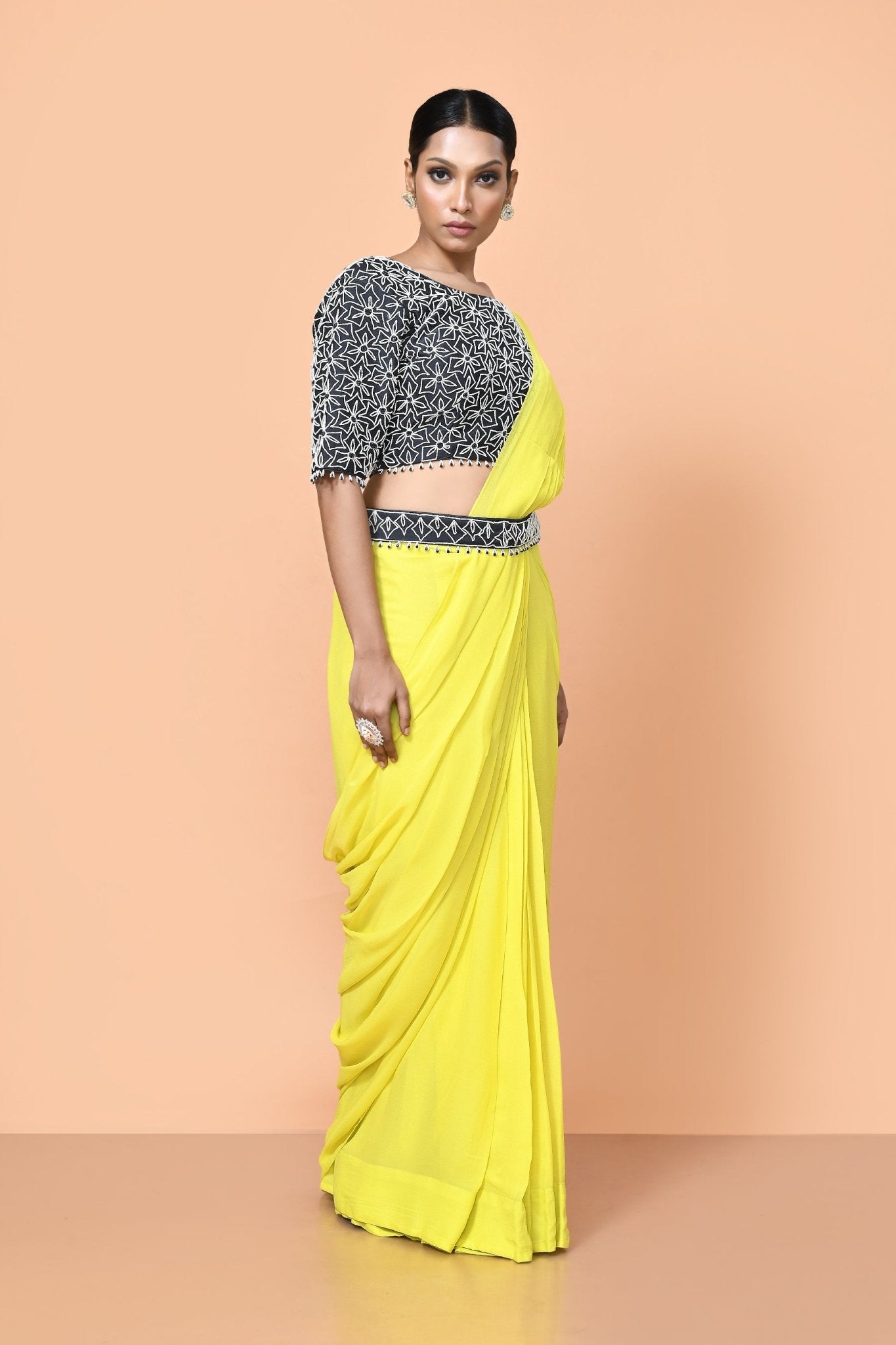 Designer Wear Bright Yellow Georgette Drape Saree - Simaaya