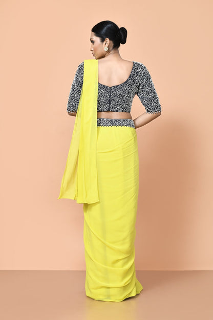 Designer Wear Bright Yellow Georgette Drape Saree - Simaaya