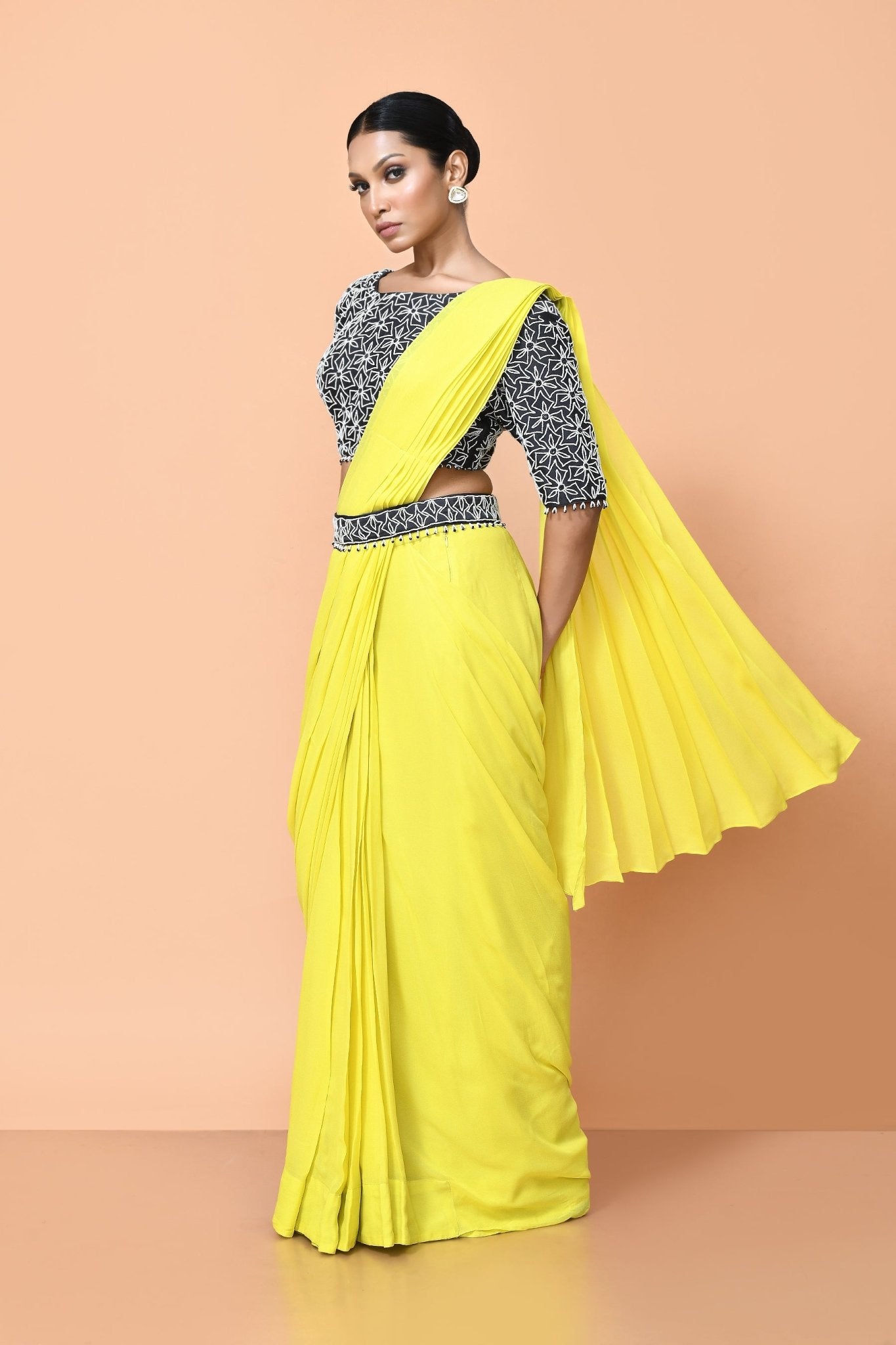 Designer Wear Bright Yellow Georgette Drape Saree - Simaaya