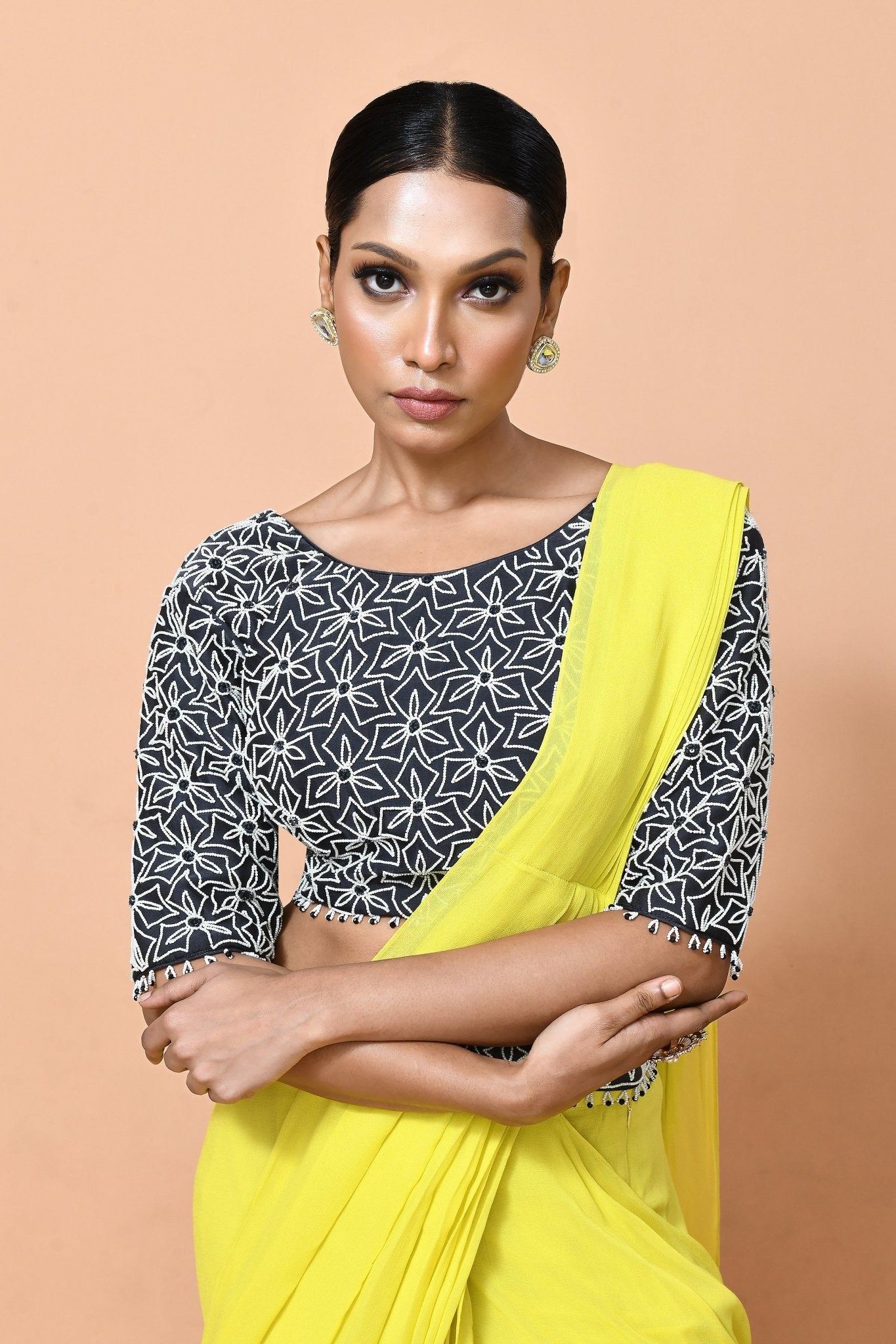Designer Wear Bright Yellow Georgette Drape Saree - Simaaya