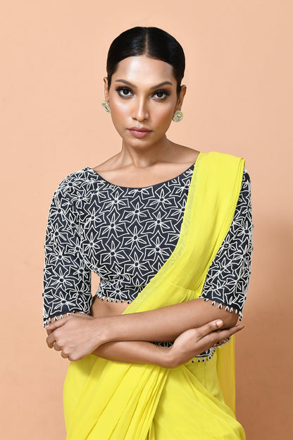 Designer Wear Bright Yellow Georgette Drape Saree - Simaaya