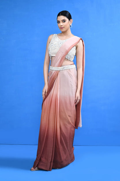 Designer Wear Brown Chinon Chiffon Drape Saree - Simaaya