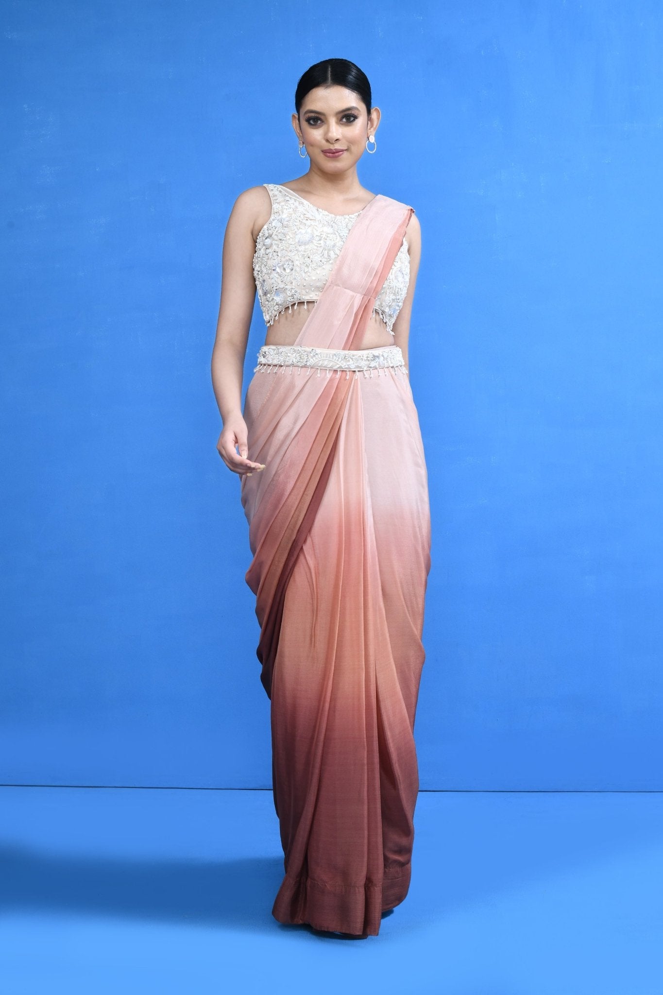 Designer Wear Brown Chinon Chiffon Drape Saree - Simaaya