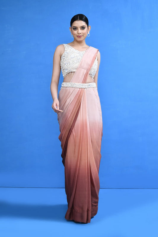 Designer Wear Brown Chinon Chiffon Drape Saree - Simaaya