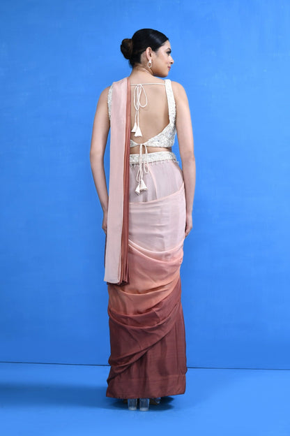 Designer Wear Brown Chinon Chiffon Drape Saree - Simaaya