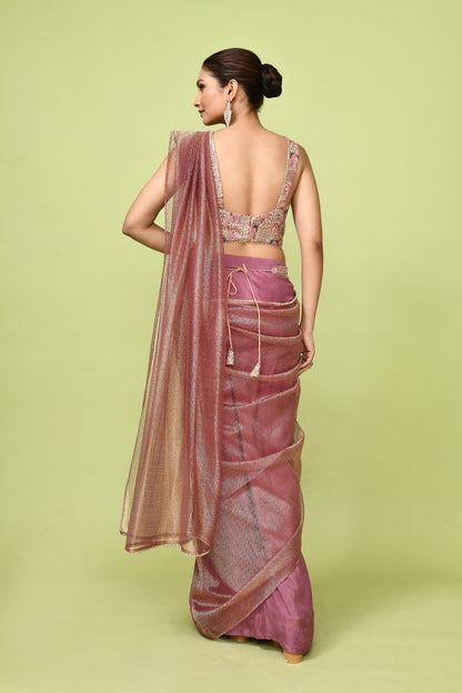Designer Wear Brown Chinon Chiffon & Tissue Drape Saree - Simaaya