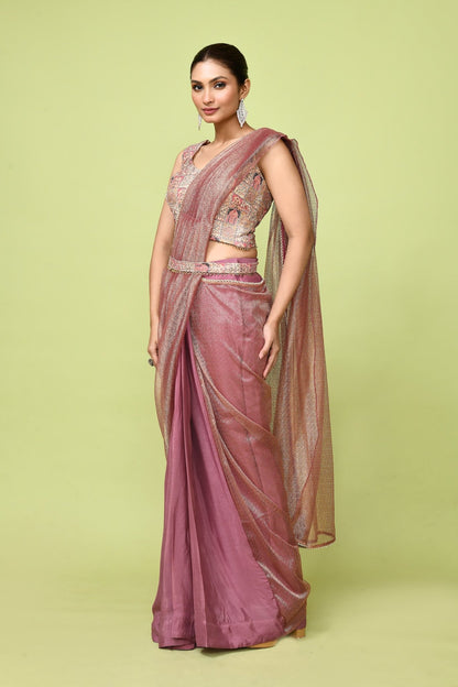Designer Wear Brown Chinon Chiffon & Tissue Drape Saree - Simaaya