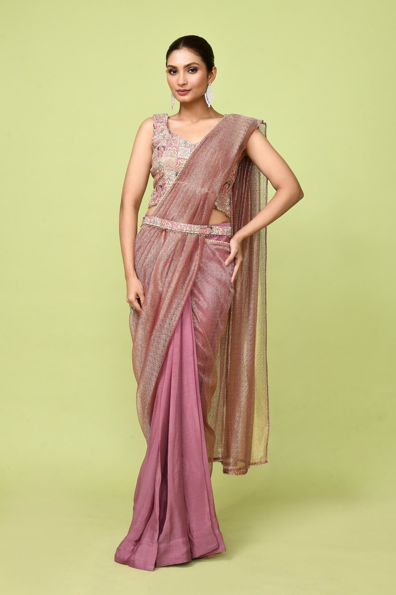Designer Wear Brown Chinon Chiffon & Tissue Drape Saree - Simaaya