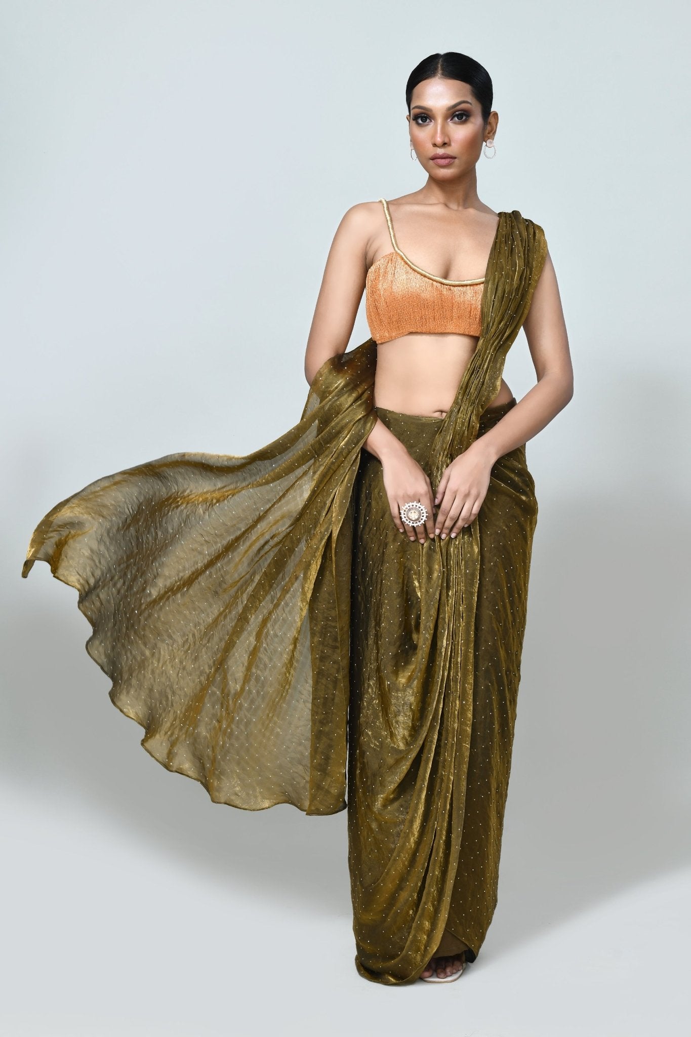 Designer Wear Brown Diamond Silk Drape Saree - Simaaya