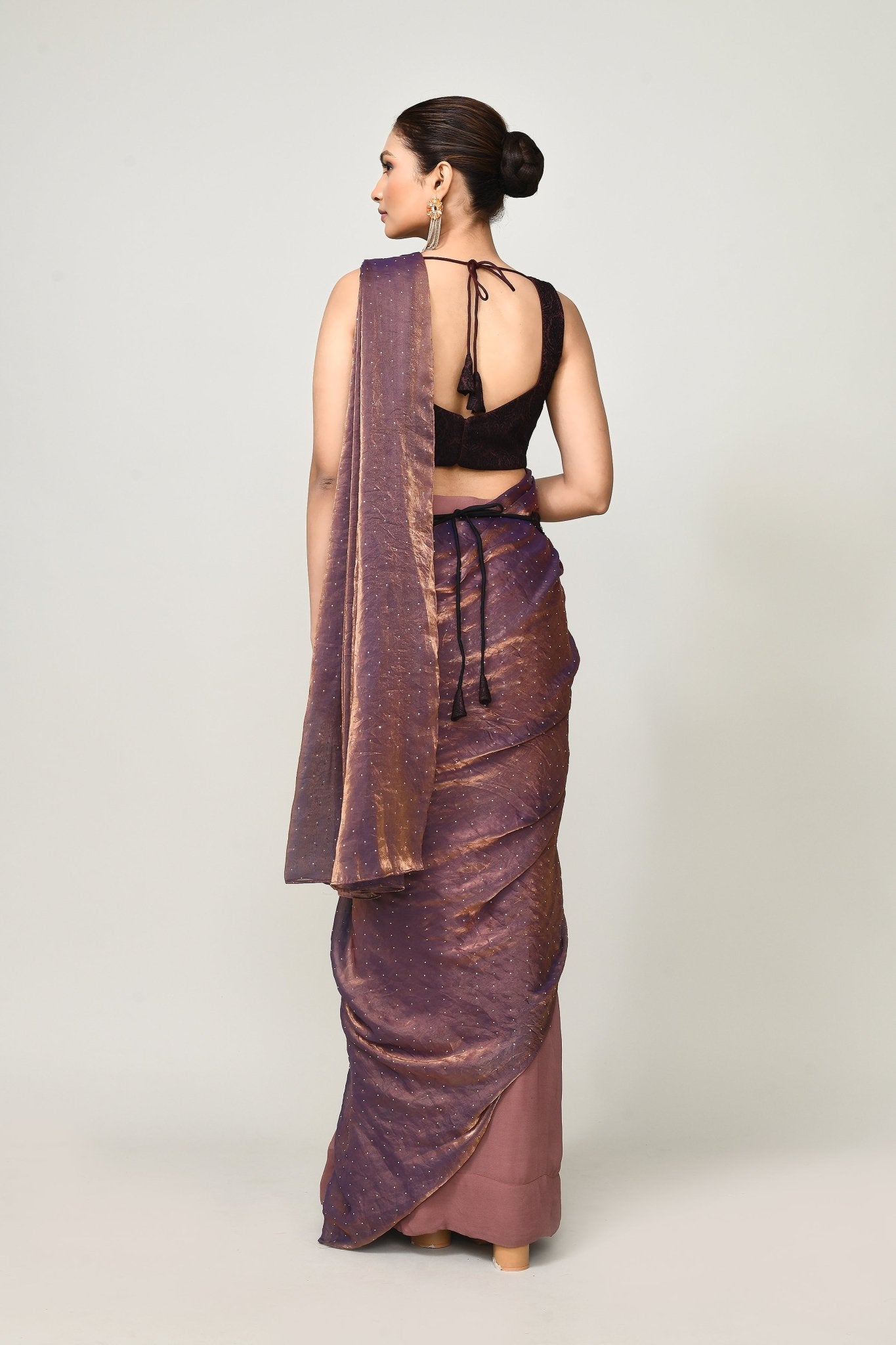 Designer Wear Brown Diamond Silk & Georgette Drape Saree - Simaaya