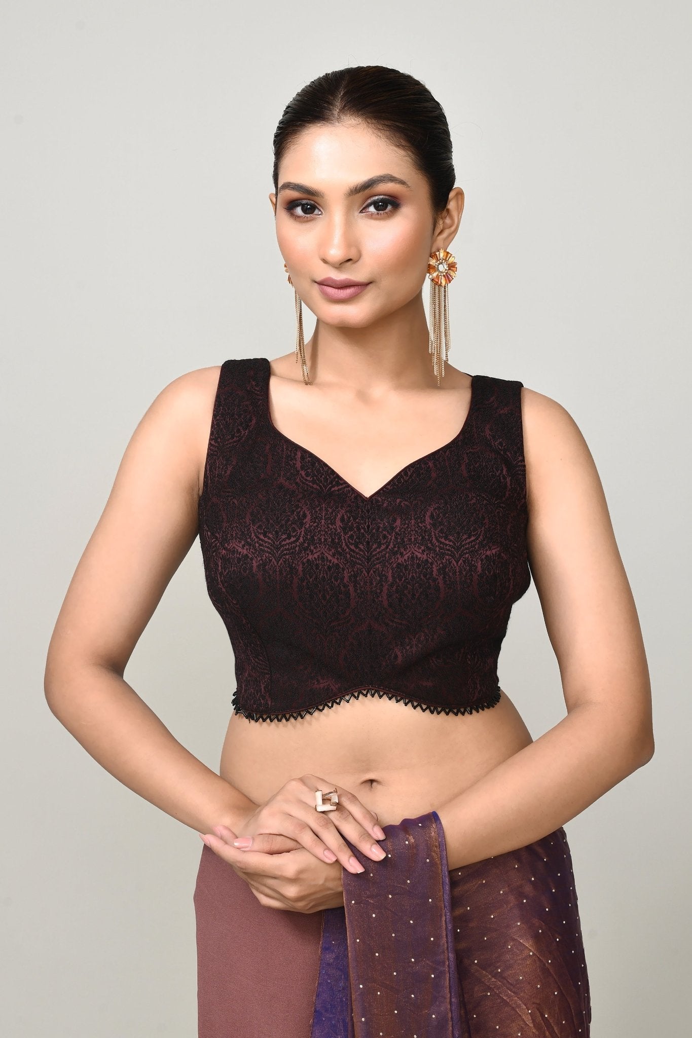 Designer Wear Brown Diamond Silk & Georgette Drape Saree - Simaaya