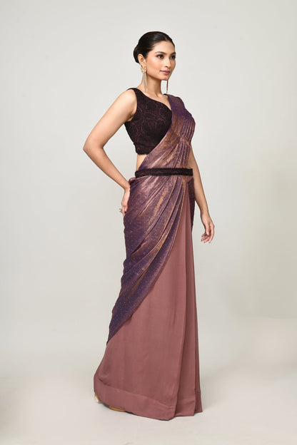 Designer Wear Brown Diamond Silk & Georgette Drape Saree - Simaaya