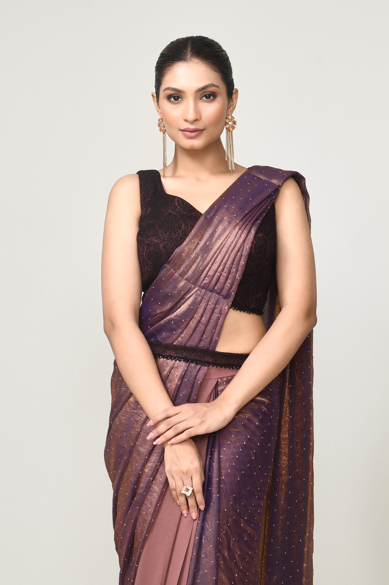 Designer Wear Brown Diamond Silk & Georgette Drape Saree - Simaaya