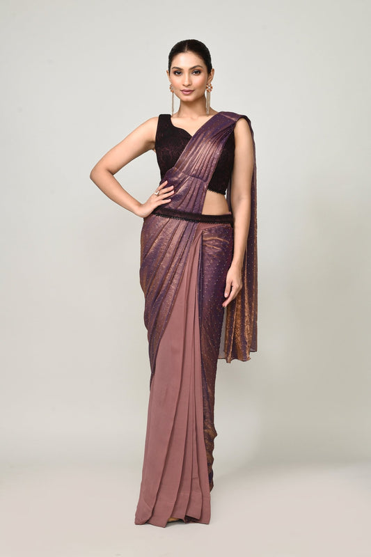 Designer Wear Brown Diamond Silk & Georgette Drape Saree - Simaaya